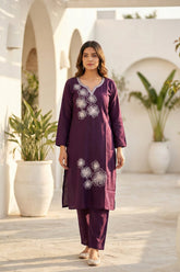 Purple Vertican Fabric Embroidered Top & Bottom Set KT0002