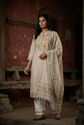 Cream Cotton Jacquard Suit Set with Dupatta ST0007