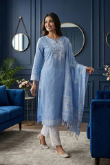 Sky Blue Cotton Jacquard Design Kurta Set with Flex Cotton Dupatta ST0010