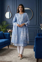 Sky Blue Cotton Jacquard Design Kurta Set with Flex Cotton Dupatta ST0010