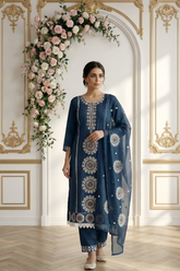 Roman Silk Embroidered Kurta Set with Organza Dupatta Suit Set ST0014