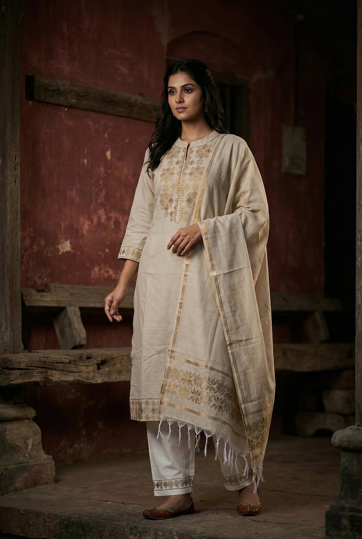 Cream Cotton Jacquard Suit Set with Dupatta ST0007
