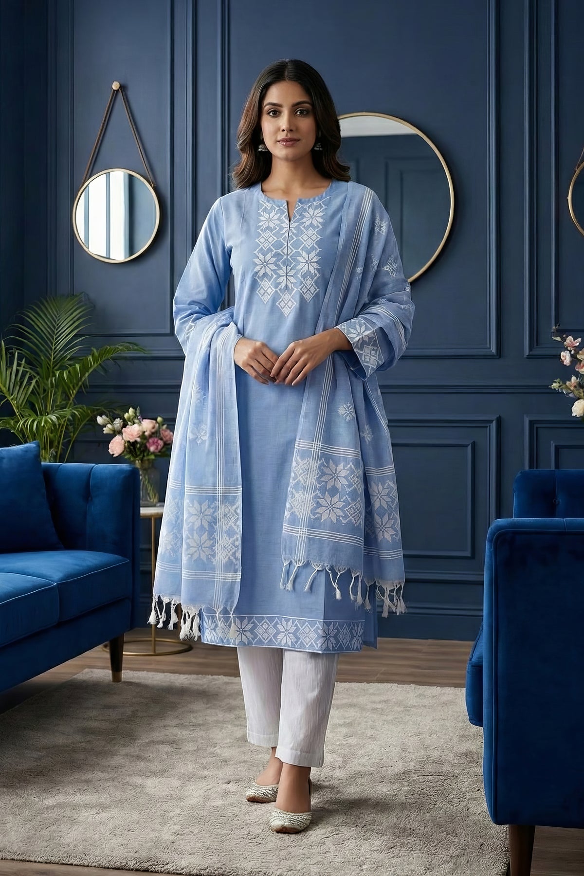 Sky Blue Cotton Jacquard Design Kurta Set with Flex Cotton Dupatta ST0010
