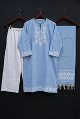 Sky Blue Cotton Jacquard Design Kurta Set with Flex Cotton Dupatta ST0010