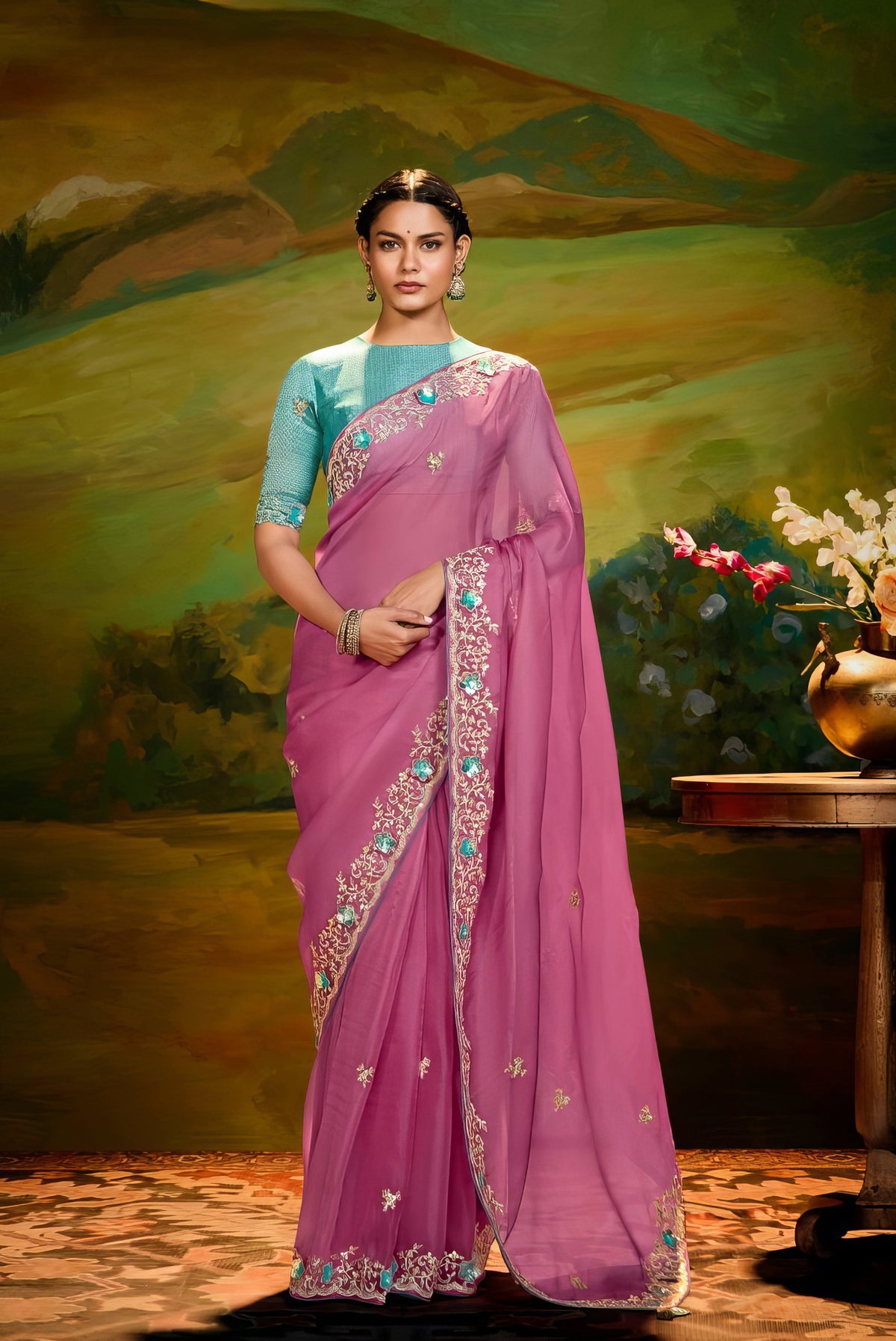 Turquoise and Pink Designer Saree LXSE0025