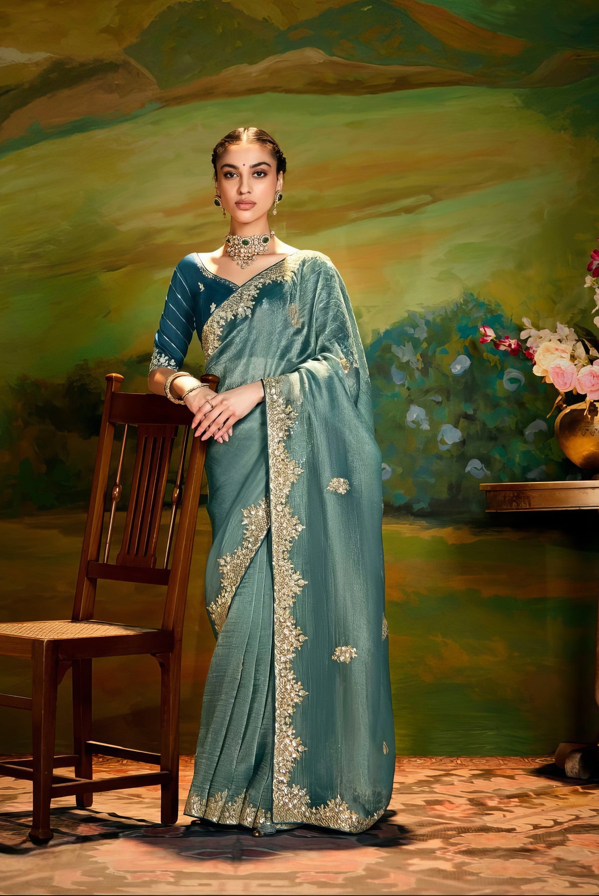 Teal Blue Designer Embroidered Border Saree LXSE0023