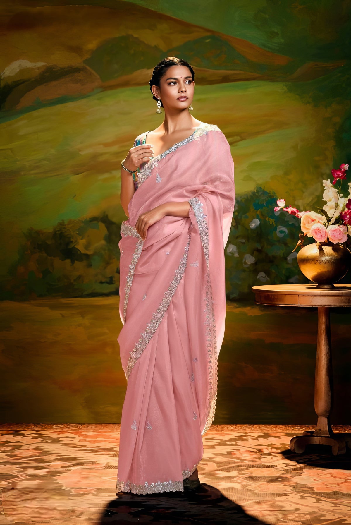 Pastel Pink Designer Embroidered Border Saree LXSE0021