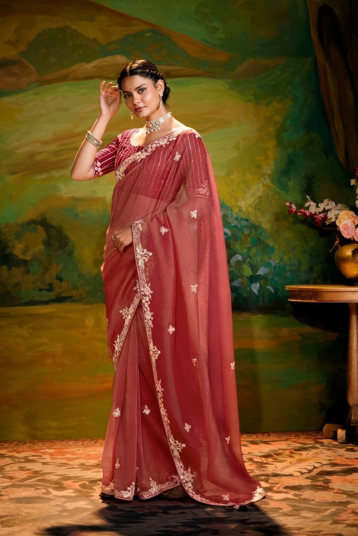 Strawberry Red Designer Embroidered Border Saree LXSE0019