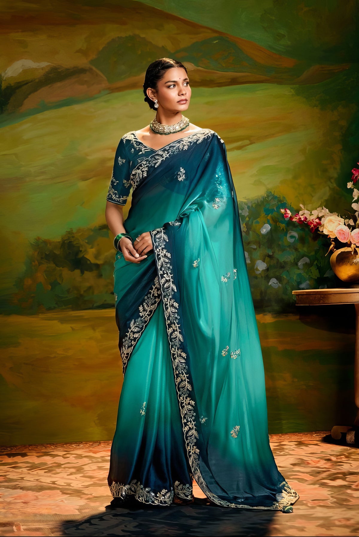 Teal Blue and Turquoise Designer Embroidered Saree LXSE0013