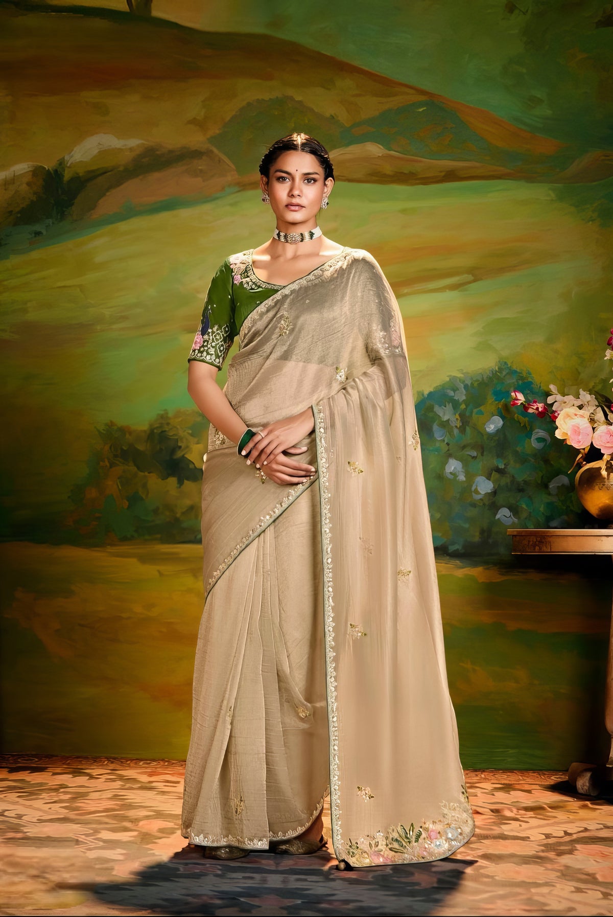Forest Green and Beige Designer Embroidered LXSE0012