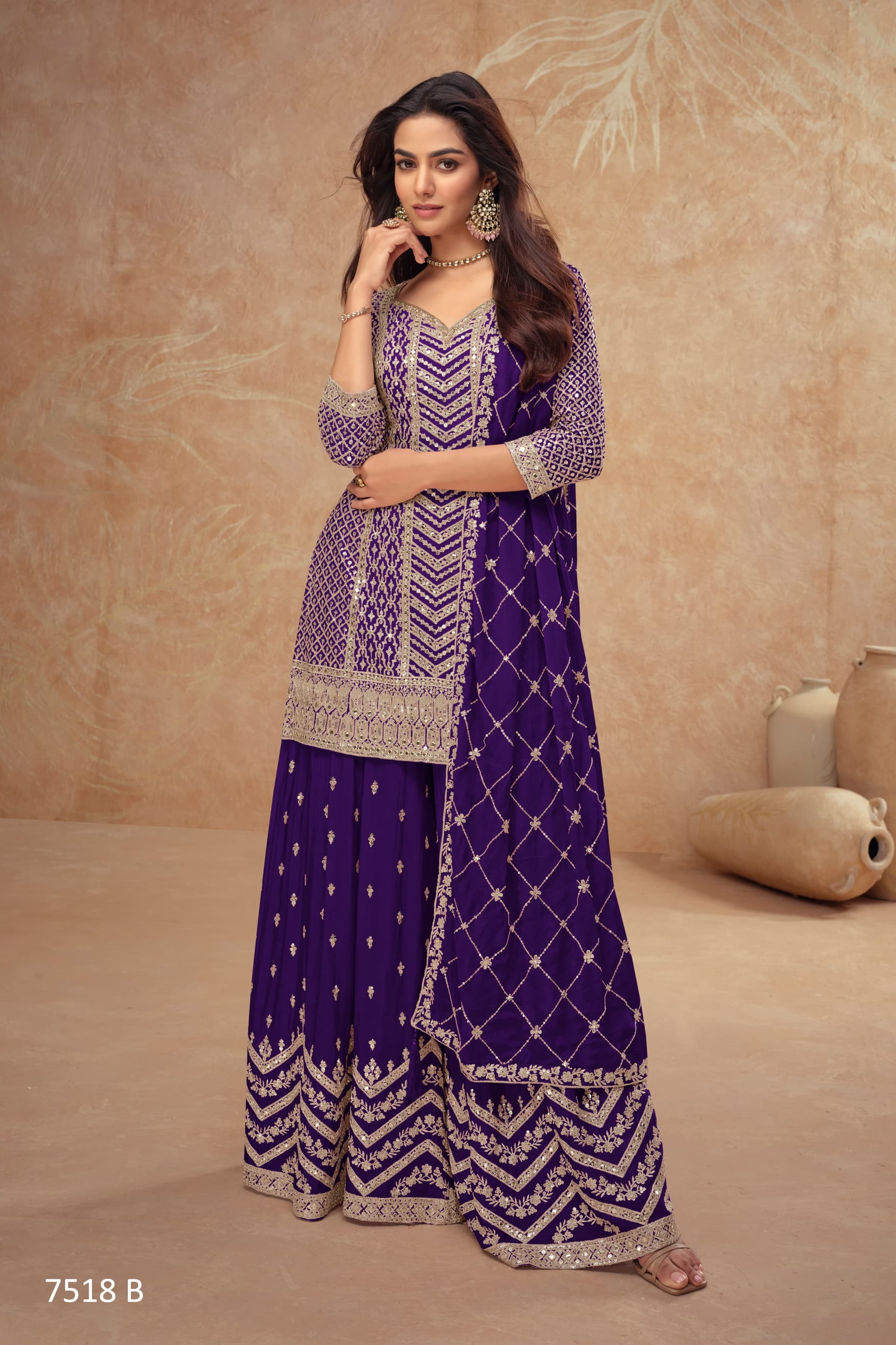 Heavy Chinon With Sequence Embroidery Stich Work SHARARA EASR00024