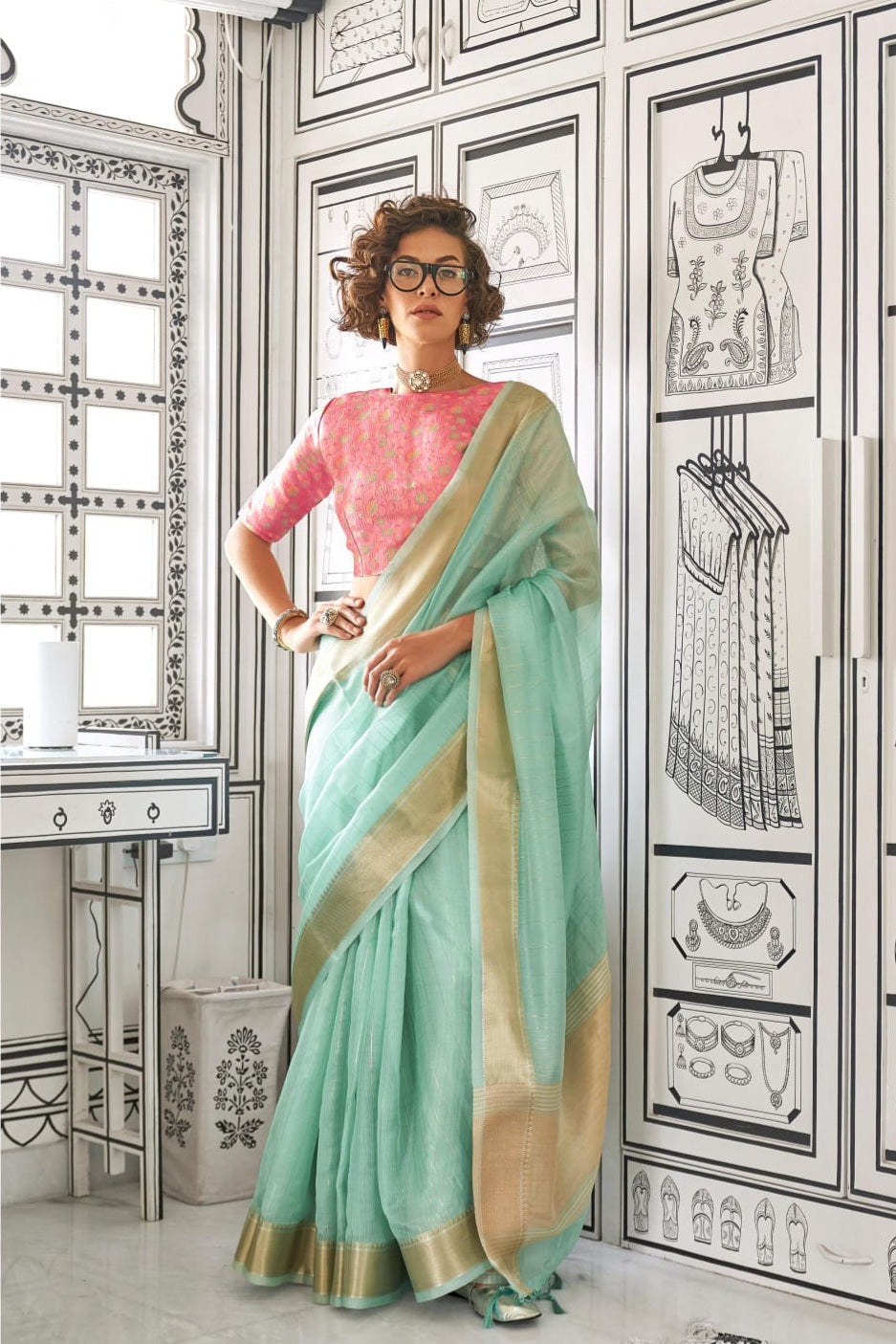Zariah Moss Chiffon Handloom Saree EASE0015